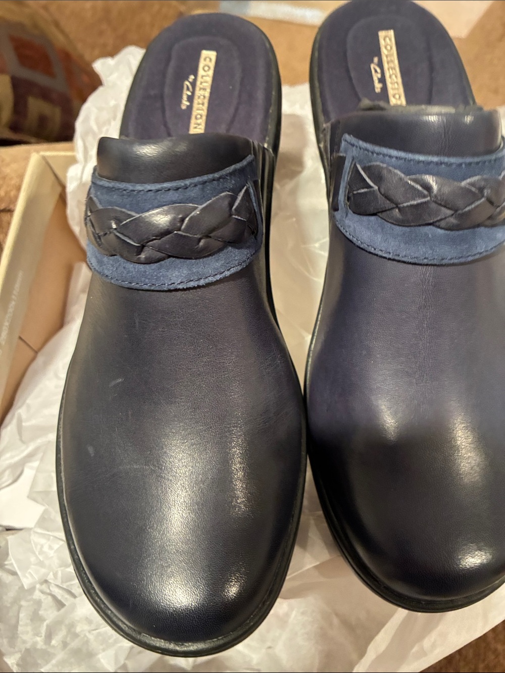 Clarks Navy Leather Slip-On Mules with Braided Strap